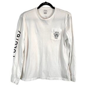 Polo Ralph Lauren White Long sleeve t-shirt black RL logo pocket Size Medium